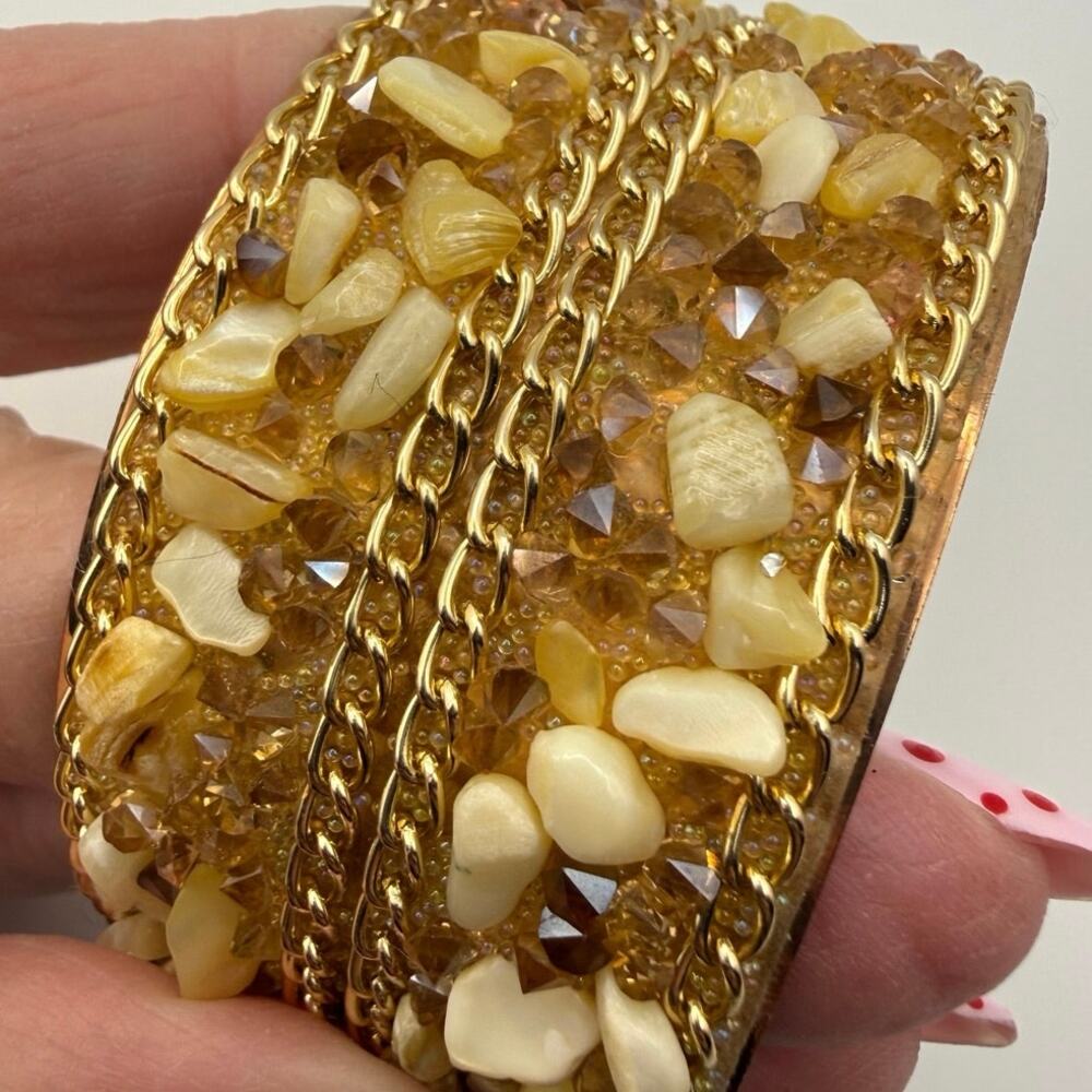 Vintage Gold‑Tone Beaded Bangle • Cream Resin & Amber Rhinestones • 2.75” Diam - Picture 3 of 9
